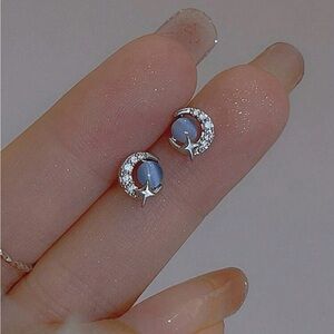 Blue Apatite Cat’s Eye Moon & Star Earrings, Star and Moon Earrings